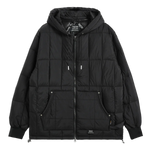 Black puffer jacket with a hood on a white background