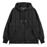 Black puffer jacket with a hood on a white background