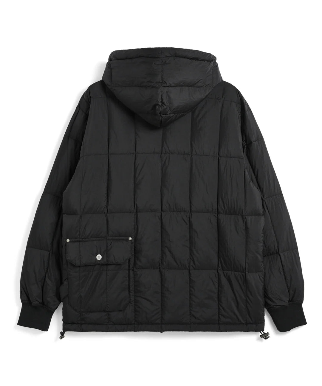 Black puffer jacket with a hood on a white background