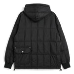 Black puffer jacket with a hood on a white background