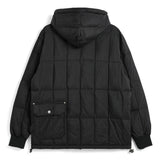 Black puffer jacket with a hood on a white background