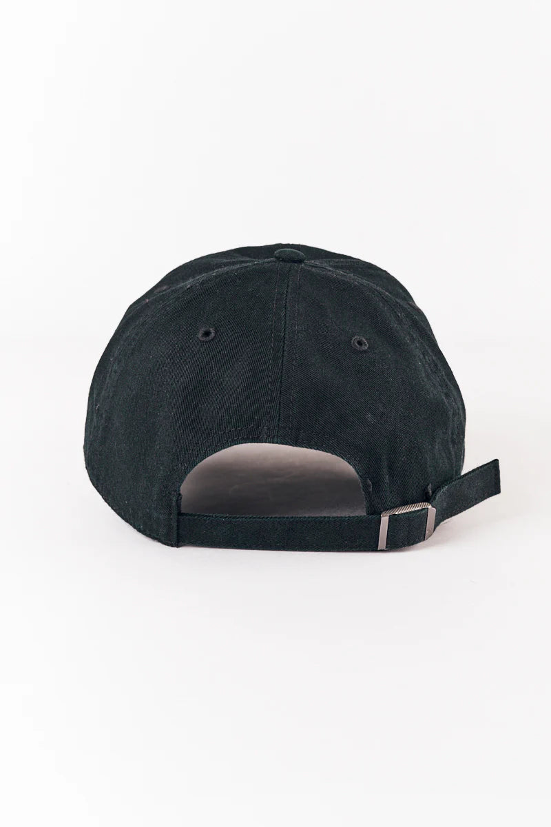 Black cap with a strap on a white background