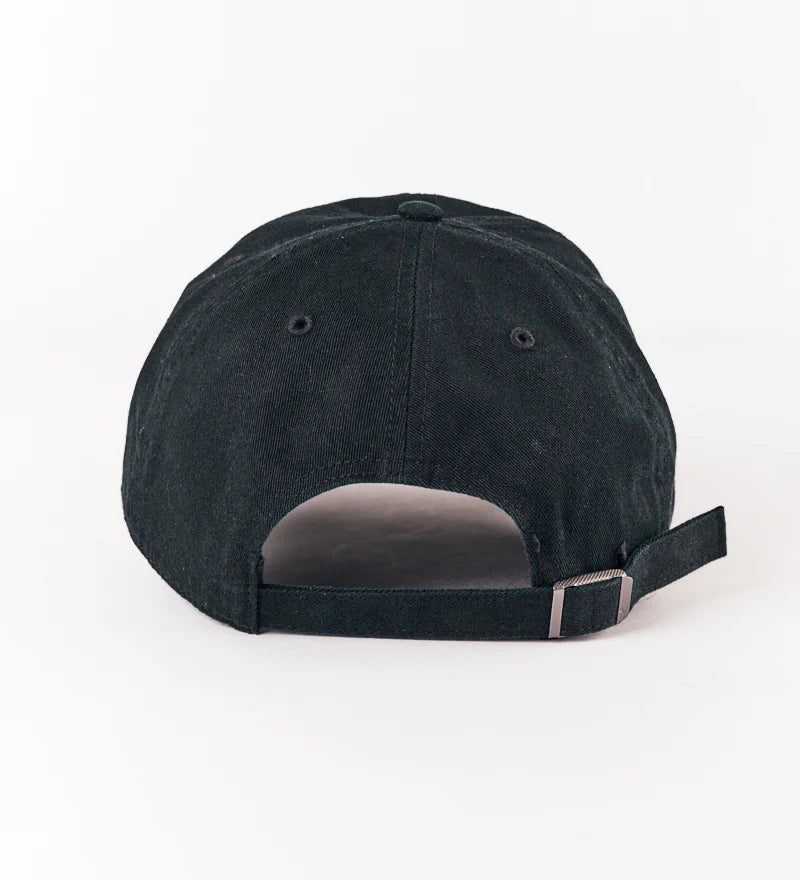 Black cap with a strap on a white background
