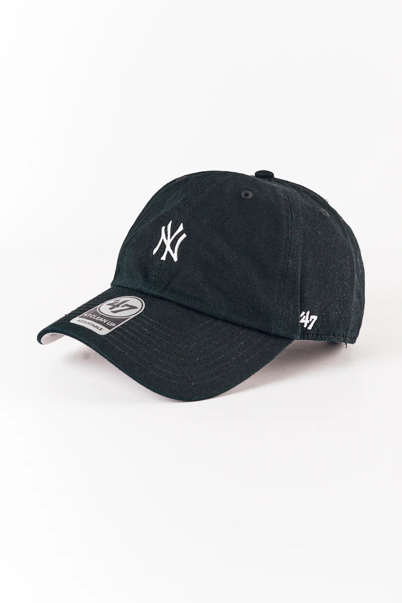 Black baseball cap with white logo on a white background