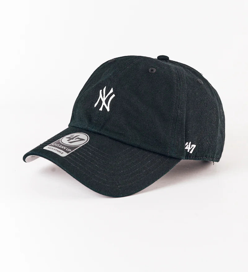 Black baseball cap with white logo on a white background