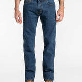 A person standing straight facing forward, wearing regular dark stone wash Levis jeans and brown shoes.