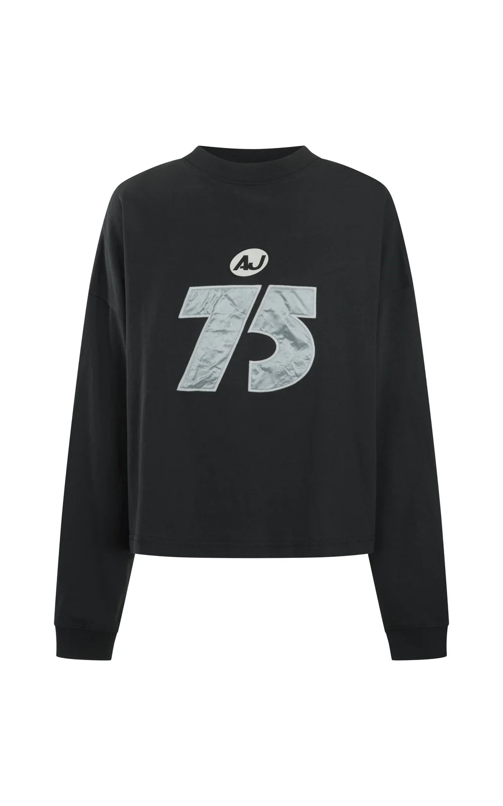 Black sweatshirt with '75' and logo on a white background