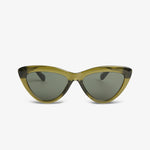Cat-eye sunglasses with a green frame and dark lenses on a white background