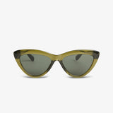 Cat-eye sunglasses with a green frame and dark lenses on a white background
