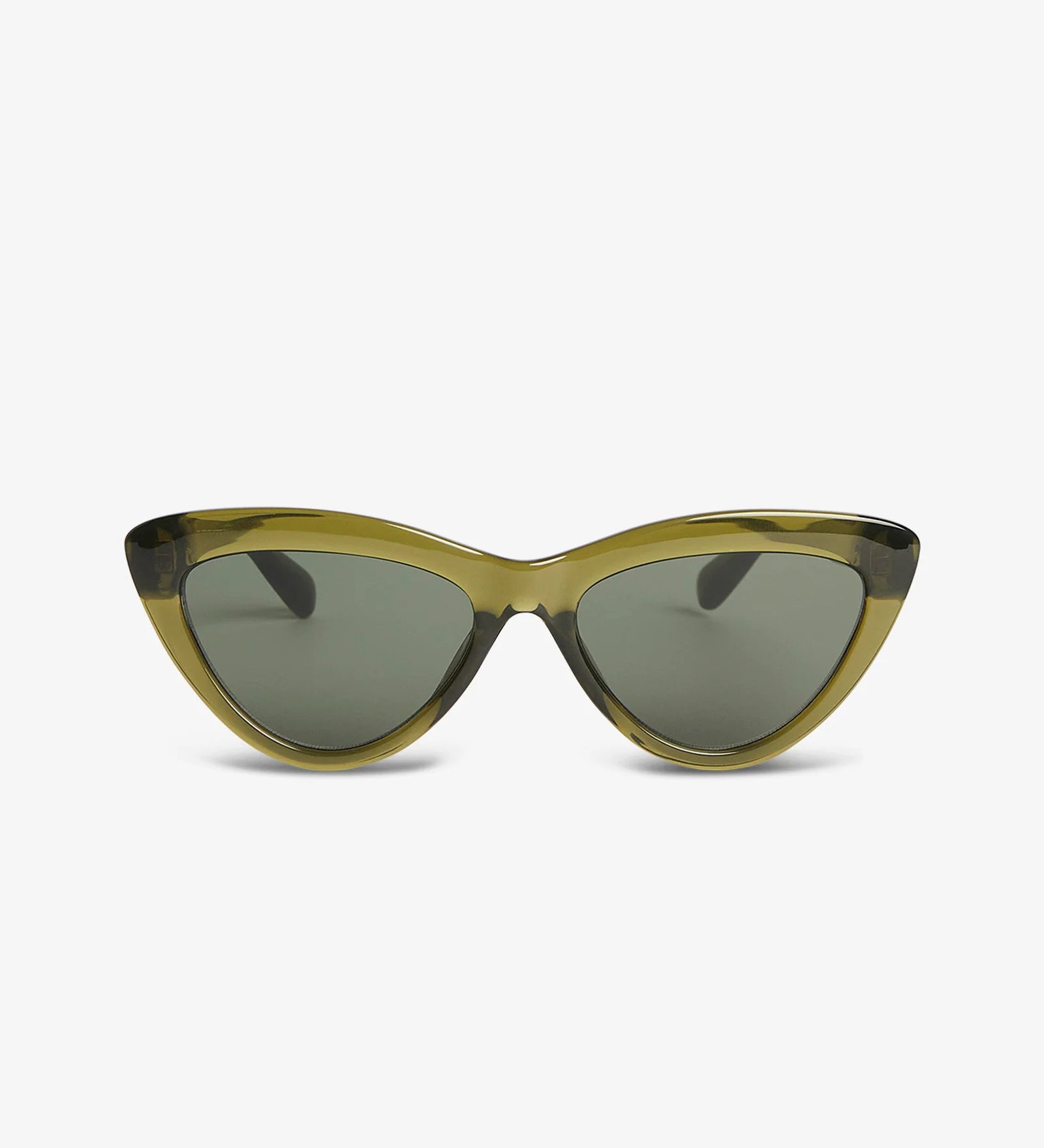 Cat-eye sunglasses with a green frame and dark lenses on a white background