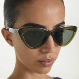 Person wearing a pair of cat-eye sunglasses with a neutral background