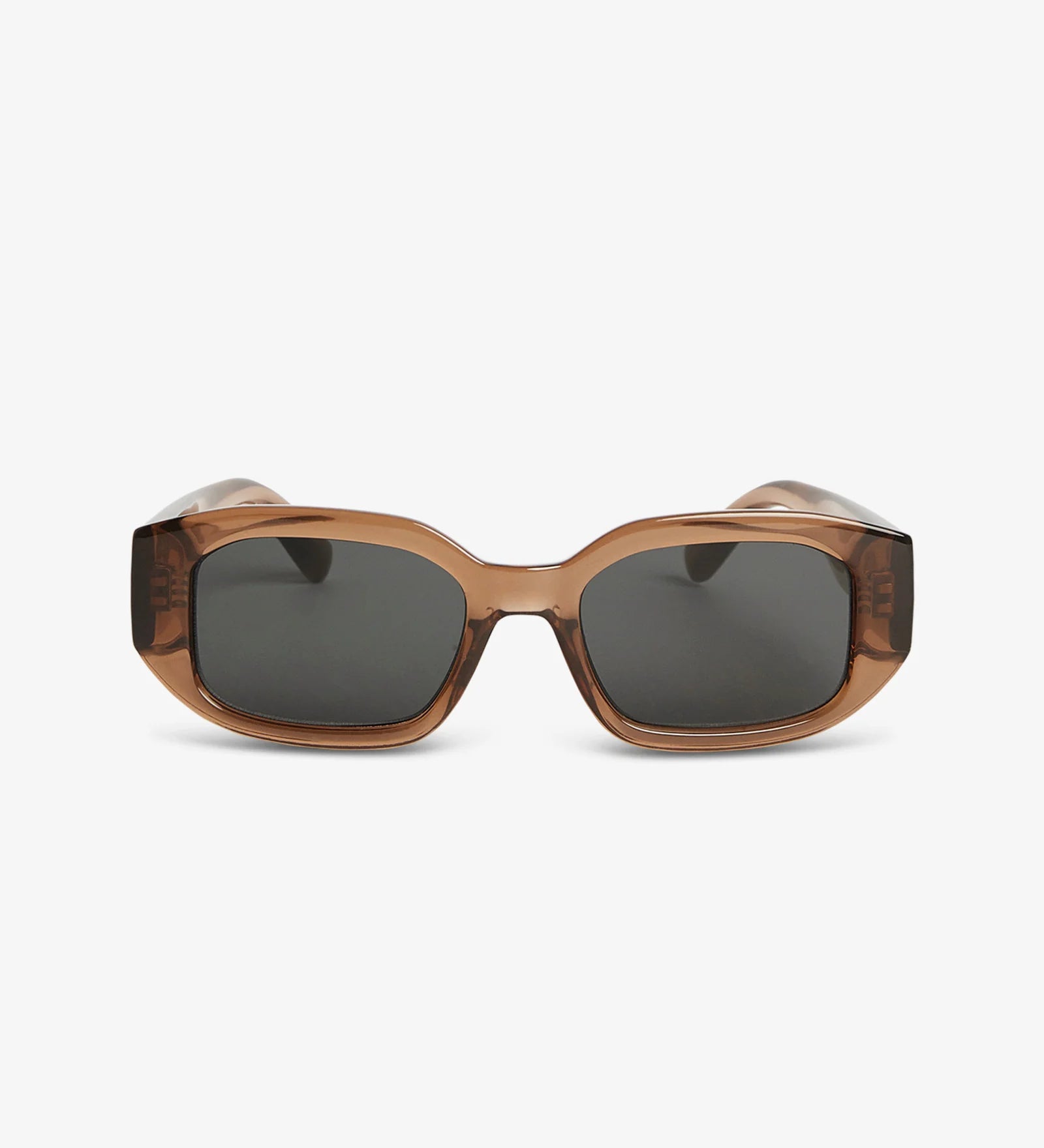 Sunglasses with brown frame and dark lenses on a white background