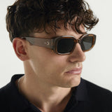 Man wearing sunglasses with a neutral background