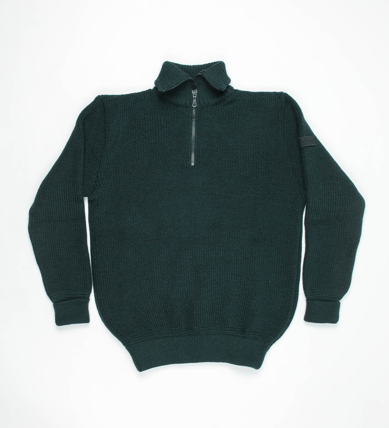 Dark green sweater with a quarter zip on a white background