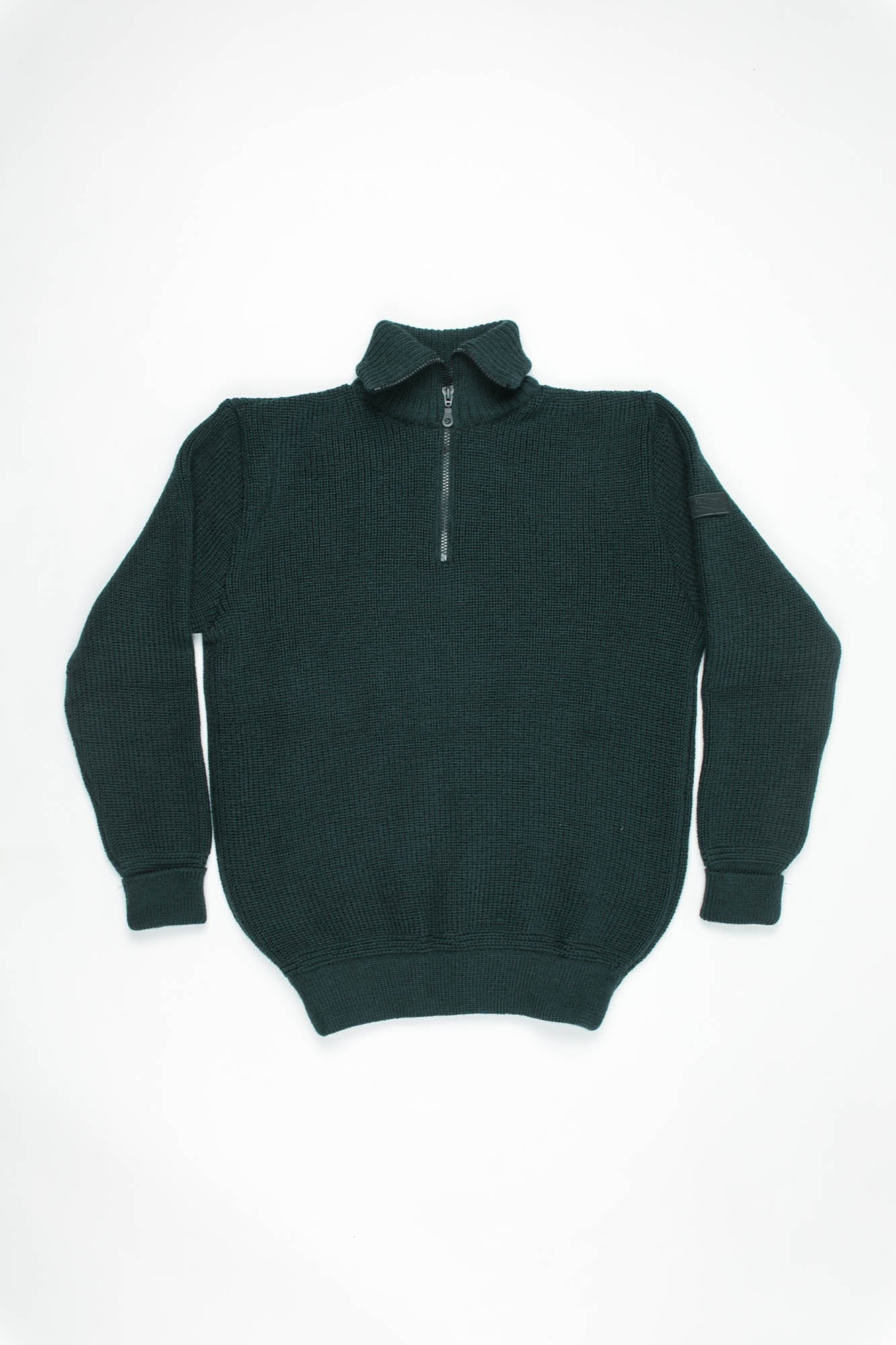 Dark green sweater with a quarter zip on a white background