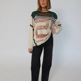 Woman wearing a patterned sweater and black pants on a white background