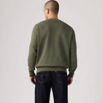 Person wearing a green sweatshirt and dark jeans on a light gray background