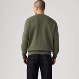 Person wearing a green sweatshirt and dark jeans on a light gray background