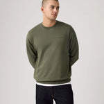 Man wearing an olive green sweatshirt with a brand logo on a light gray background
