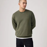 Man wearing an olive green sweatshirt with a brand logo on a light gray background