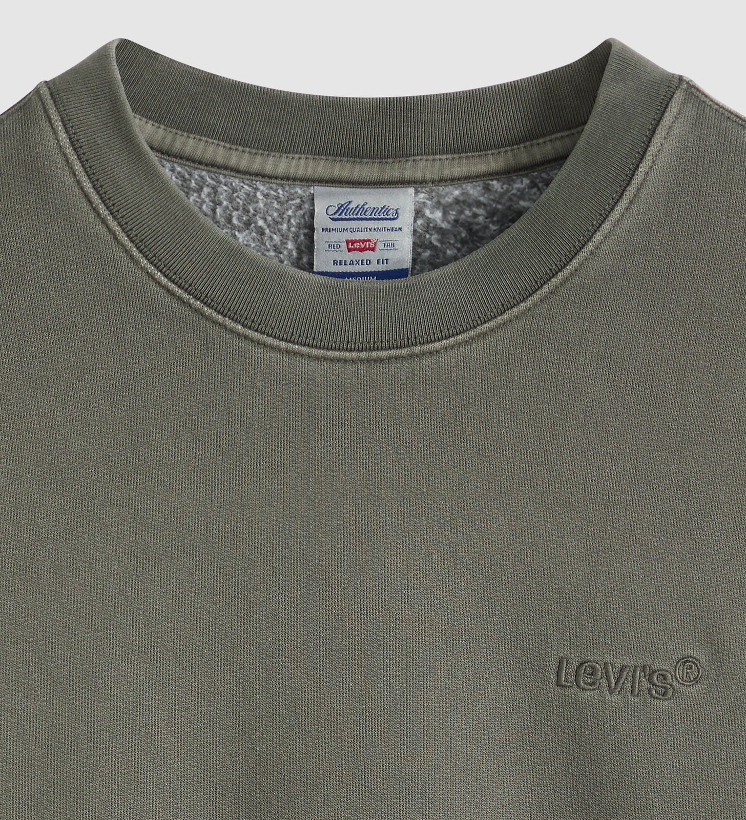 Close-up of a Levi's sweatshirt collar with brand label.