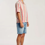 A man wearing a short-sleeve button-up shirt with vertical pink, red, and cream stripes, paired with light blue denim shorts and tan suede mule loafers, standing in profile against a plain light gray studio background.