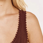 Close-up of a model wearing a dark brown knit top with a distinctive scalloped scoop neckline and textured eyelet pattern.
