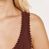 Close-up of a model wearing a dark brown knit top with a distinctive scalloped scoop neckline and textured eyelet pattern.