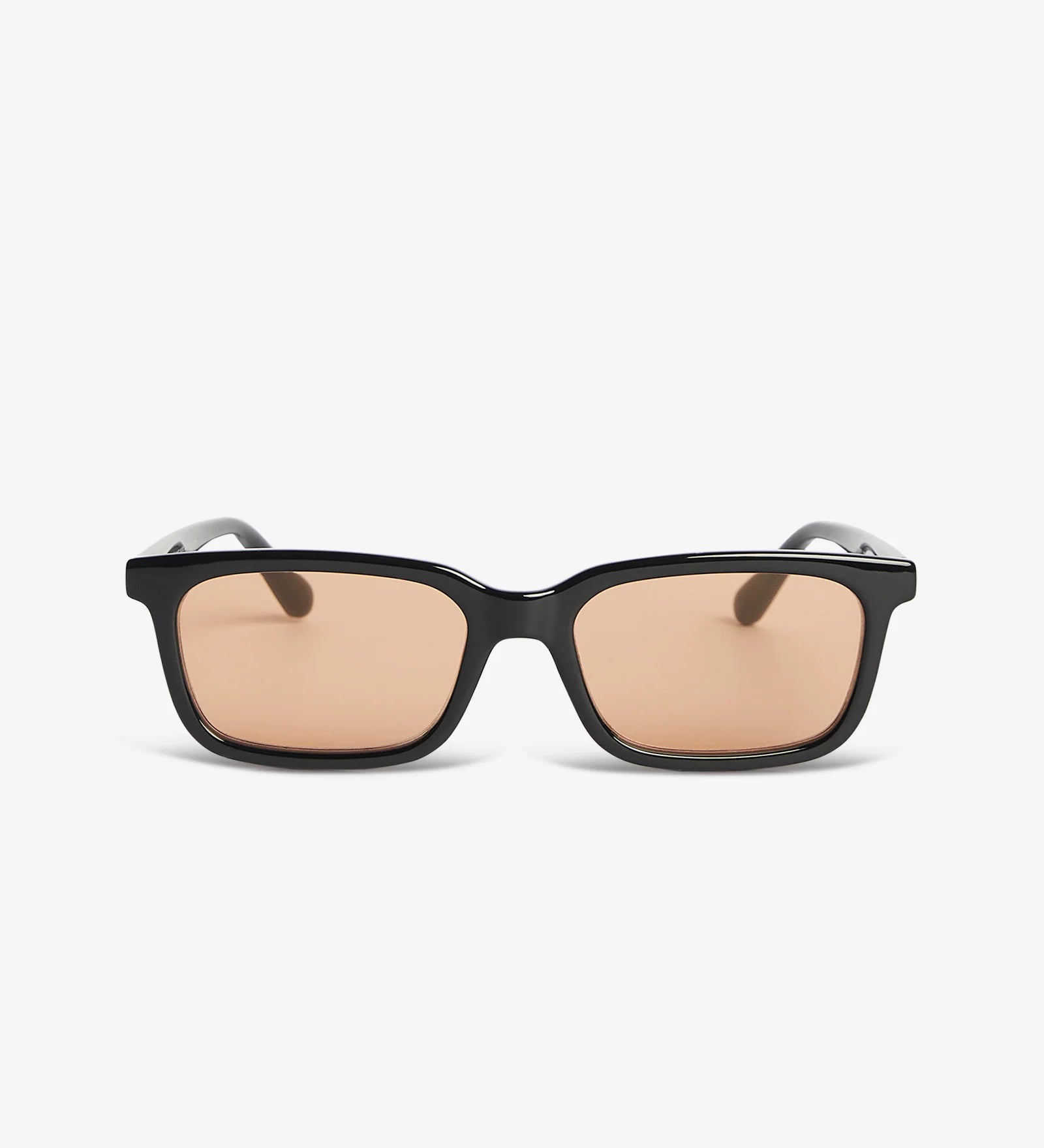 Black sunglasses with brown lenses on a white background