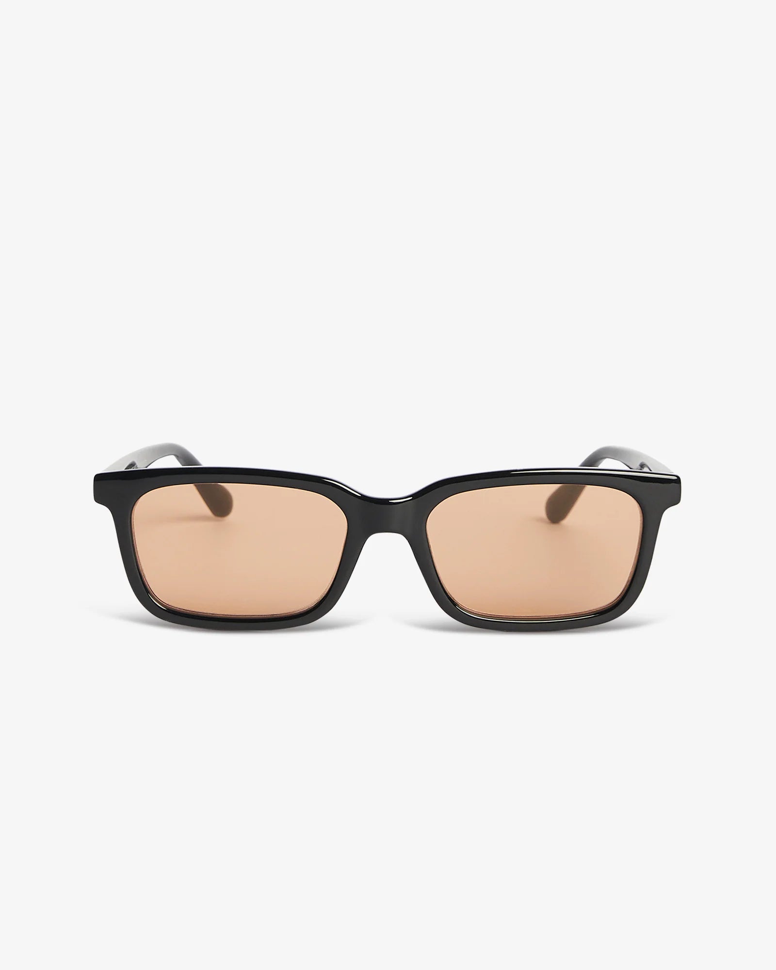 Black sunglasses with brown lenses on a white background
