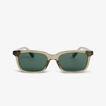 Sunglasses with a sage frame and green lenses on a white background