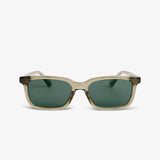 Sunglasses with a sage frame and green lenses on a white background