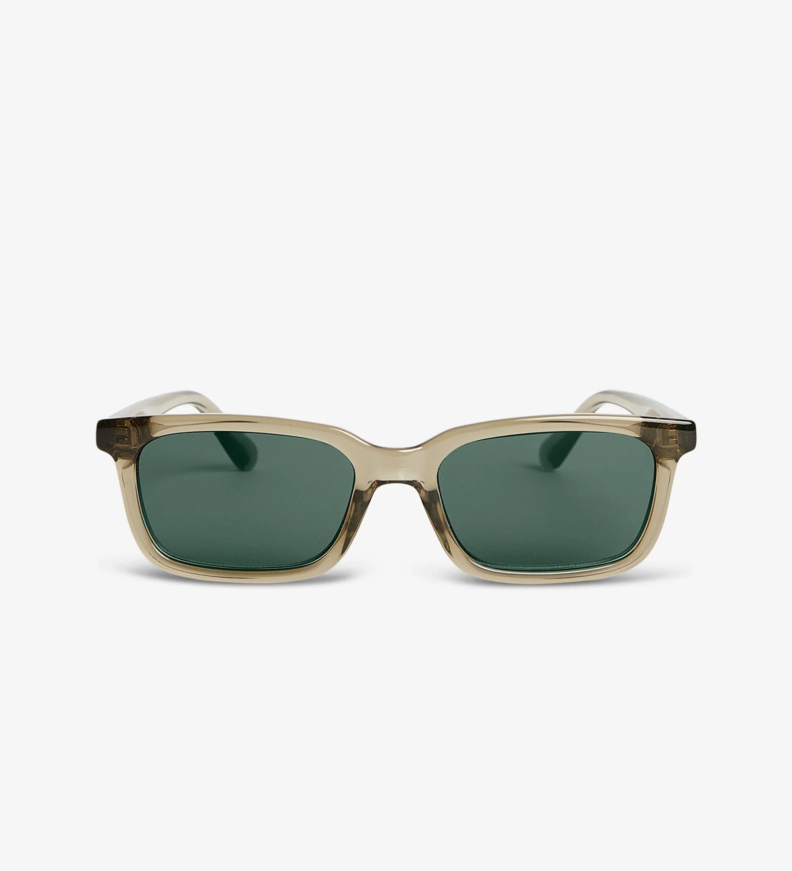 Sunglasses with a sage frame and green lenses on a white background