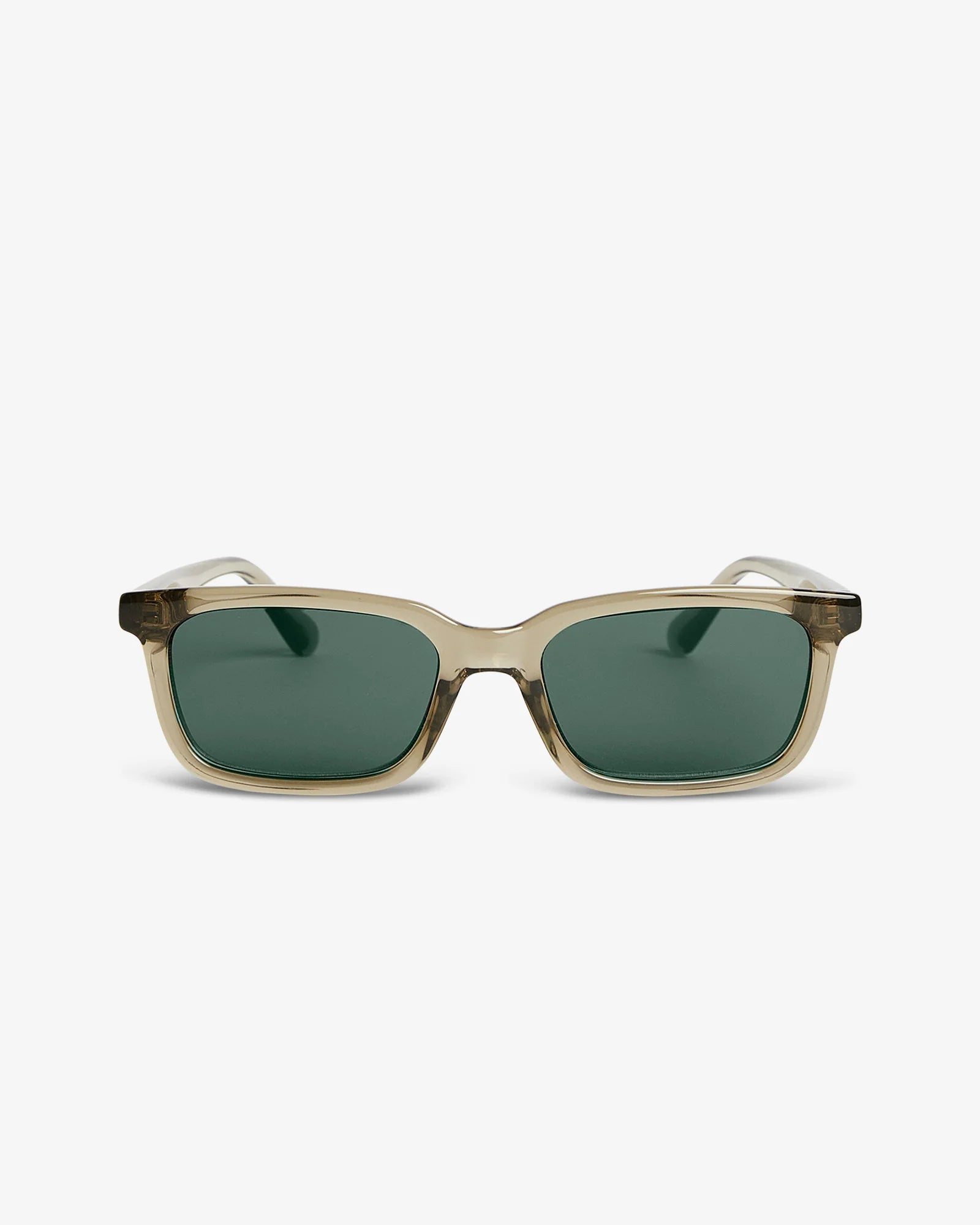 Sunglasses with a sage frame and green lenses on a white background