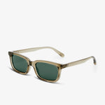 Sunglasses with a Sage frame and green lenses on a white background