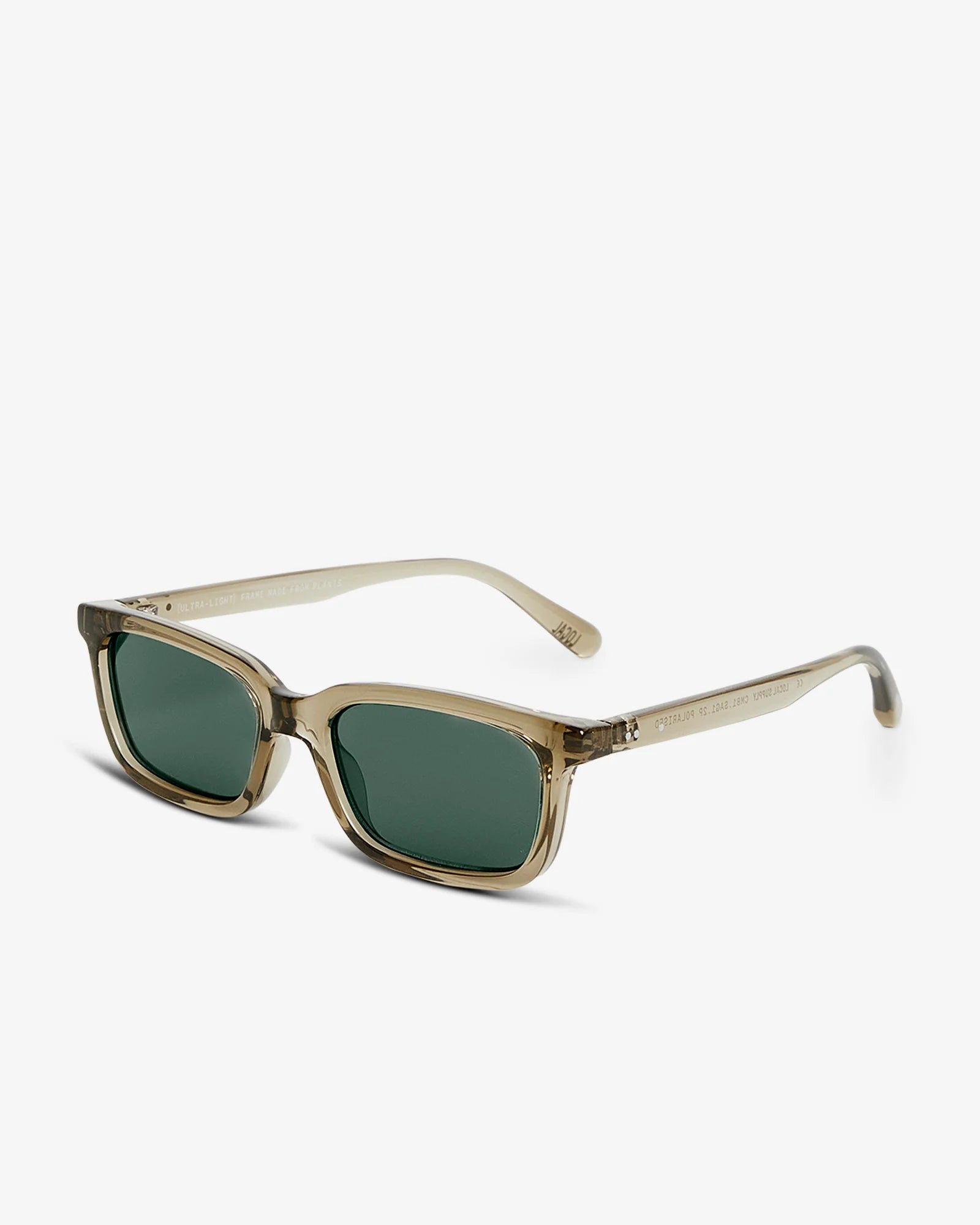 Sunglasses with a Sage frame and green lenses on a white background