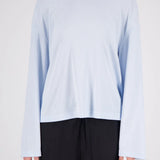 A model wearing a light blue long-sleeve crewneck top and black pants, shown from the neck down against a plain light gray background.