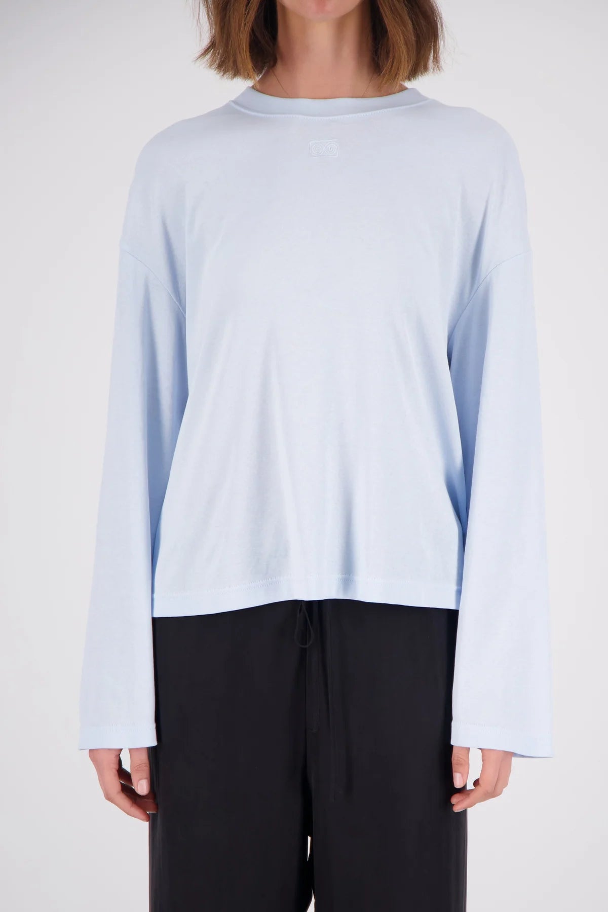 A model wearing a light blue long-sleeve crewneck top and black pants, shown from the neck down against a plain light gray background.
