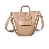 A mocha brown leather bucket bag with two shoulder straps and small leather handles. The bag is empty and displayed against a plain background.