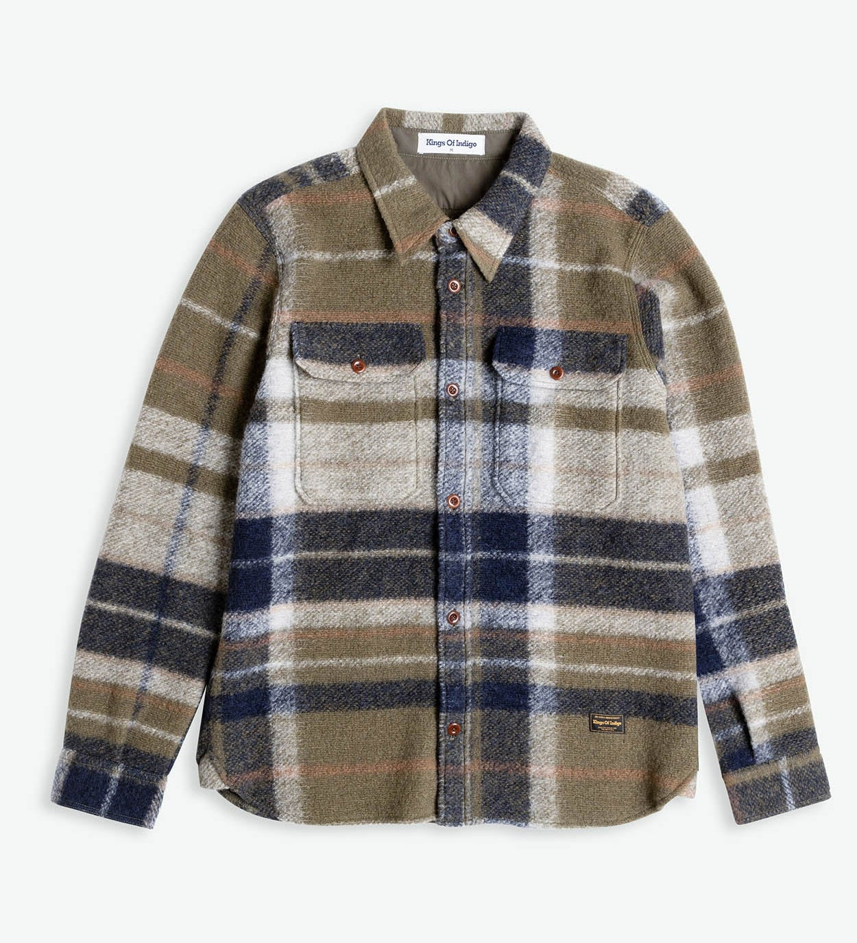 Plaid shirt with brown, blue, and beige colors on a white background