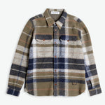 Plaid shirt with brown, blue, and beige colors on a white background