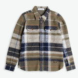 Plaid shirt with brown, blue, and beige colors on a white background