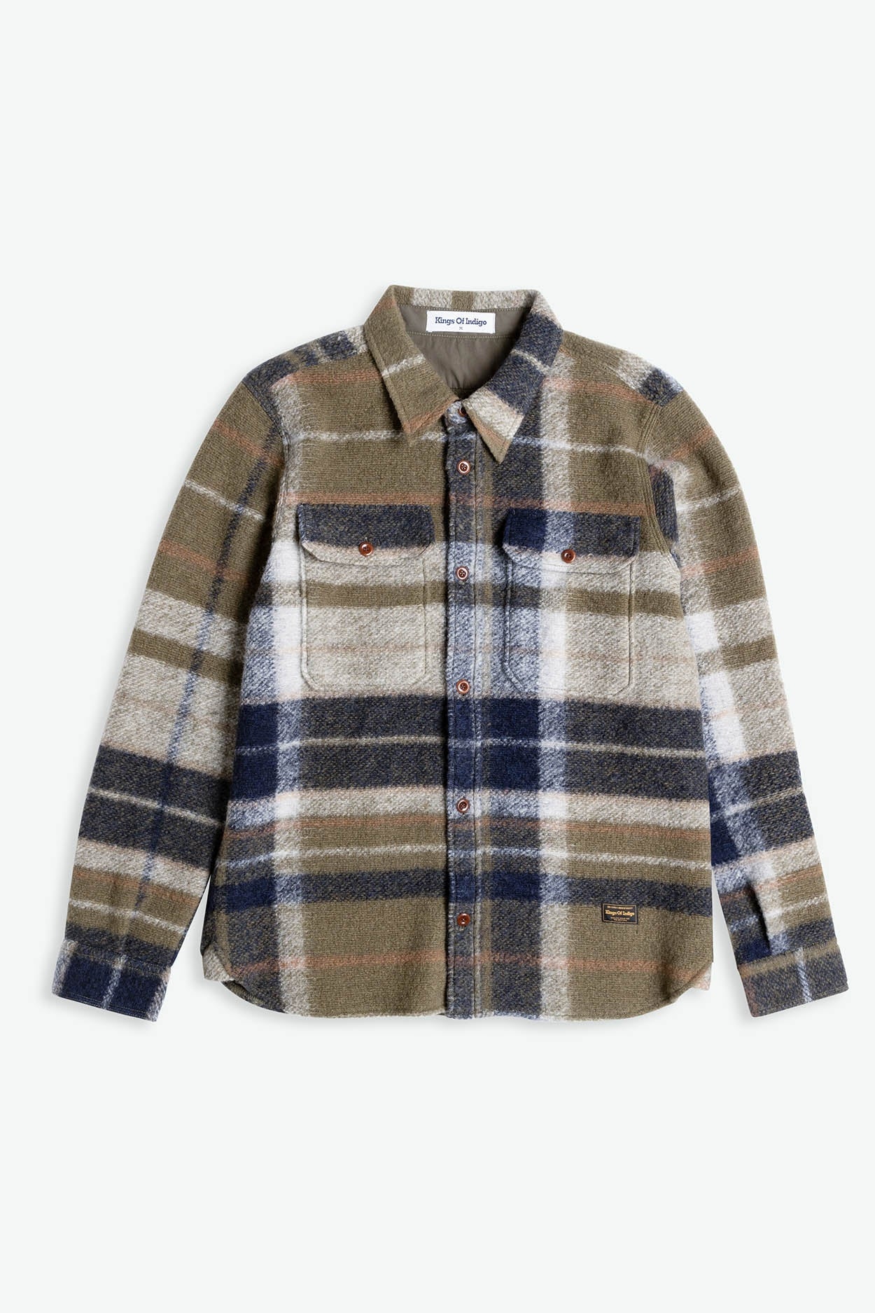 Plaid shirt with brown, blue, and beige colors on a white background