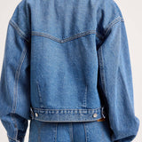 A person shown from the back wearing an oversized light blue denim jacket with matching blue jeans against a plain light background.