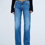 Person wearing blue jeans on a white background