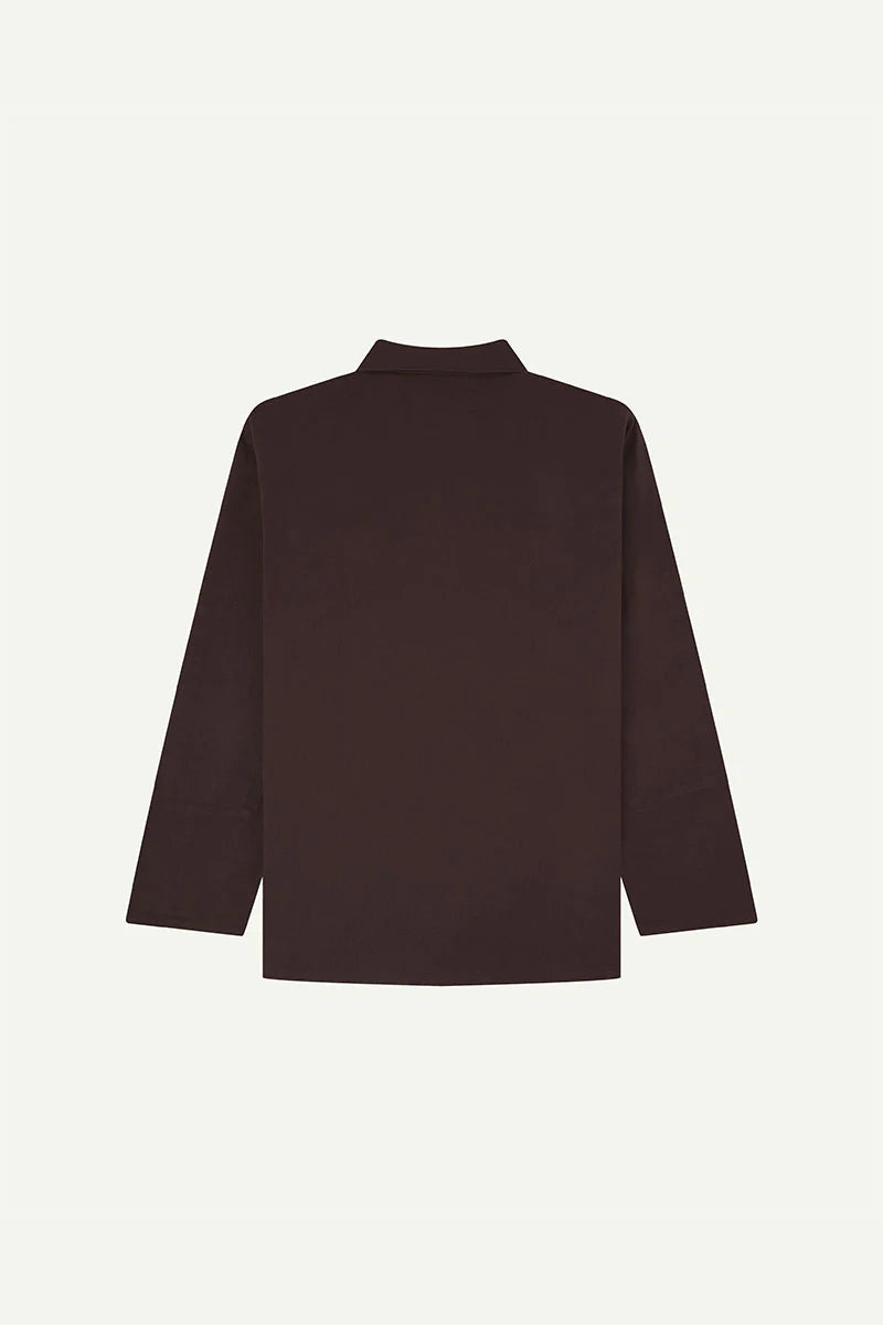Dark Plum long-sleeve shirt on a light gray background