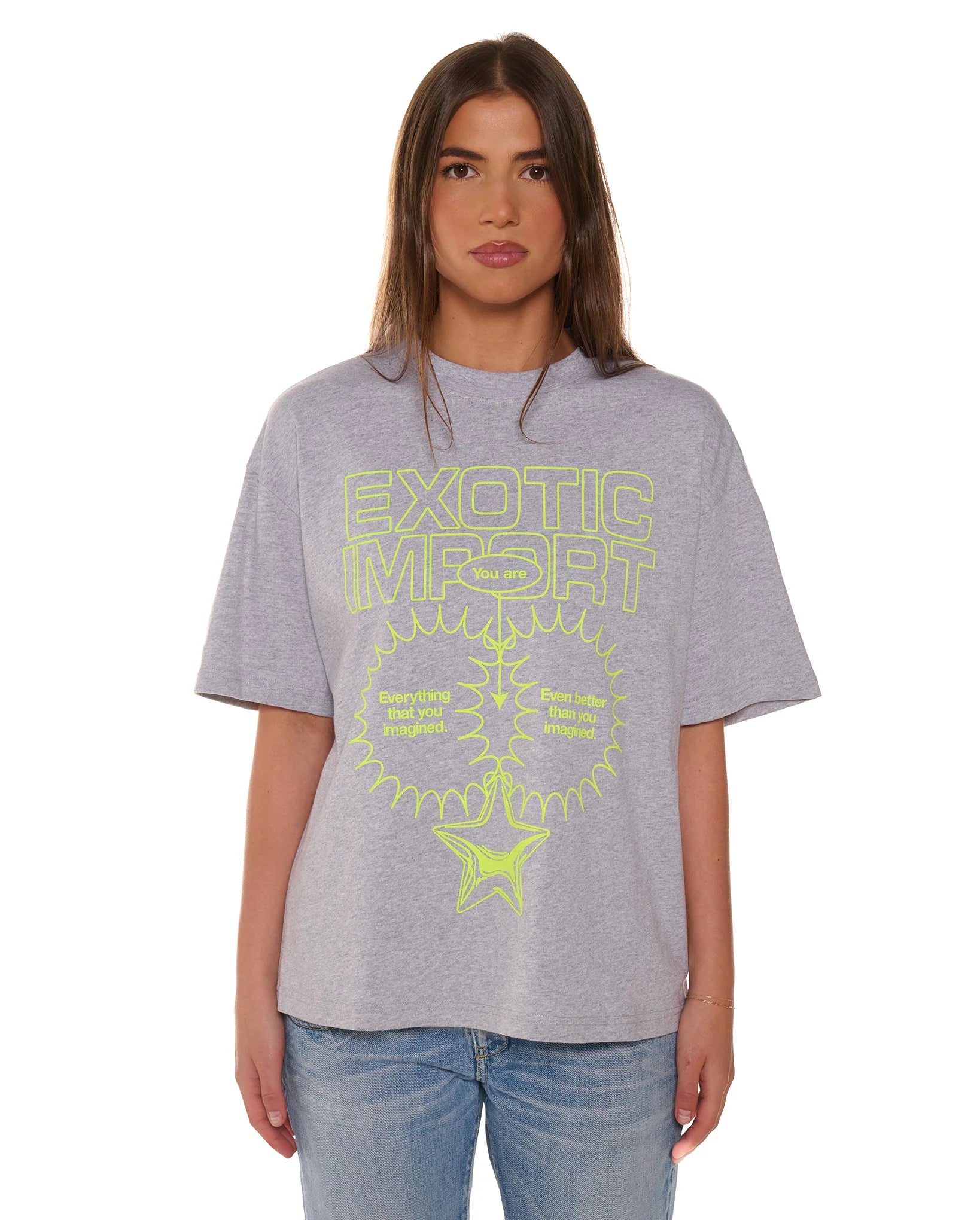 Person wearing a gray t-shirt with yellow text and graphics on a white background