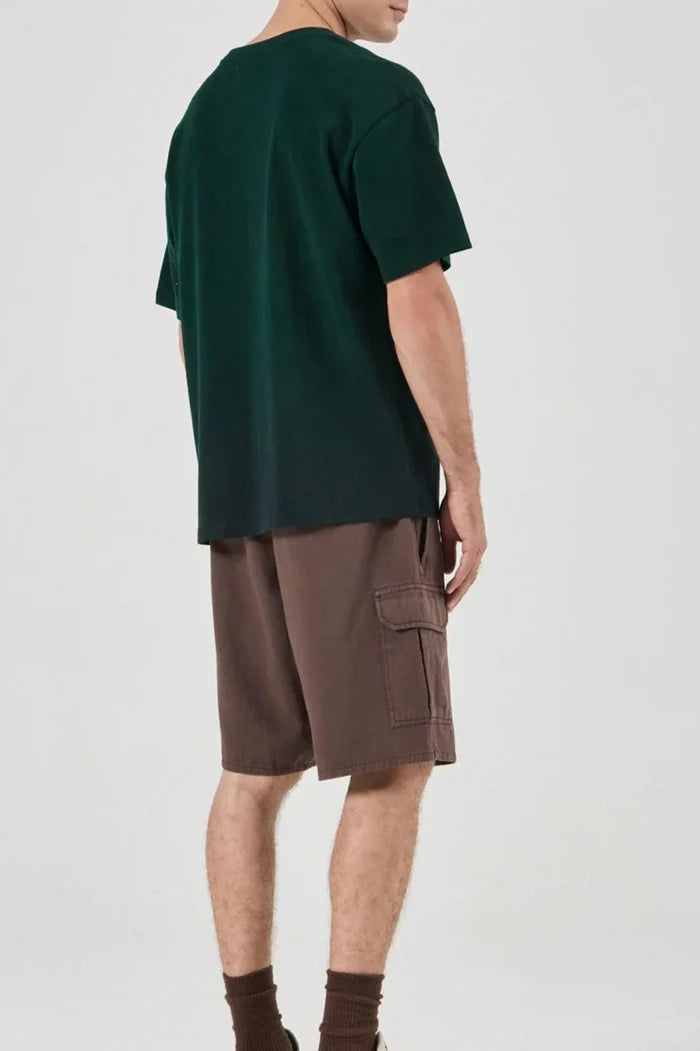 Person wearing a green t-shirt and brown shorts on a white background