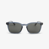 Sunglasses with blue frame and dark lenses on a white background
