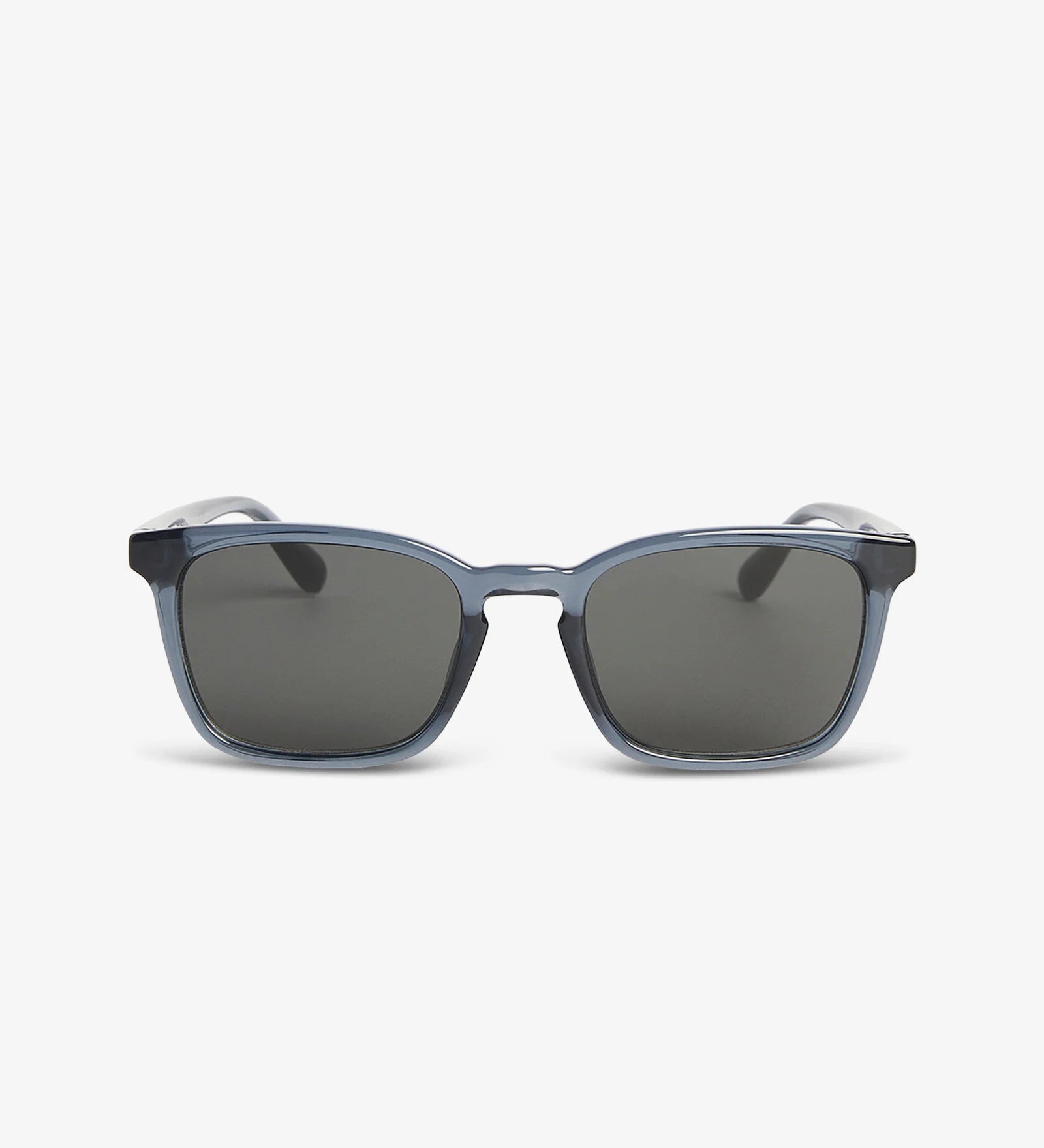 Sunglasses with blue frame and dark lenses on a white background